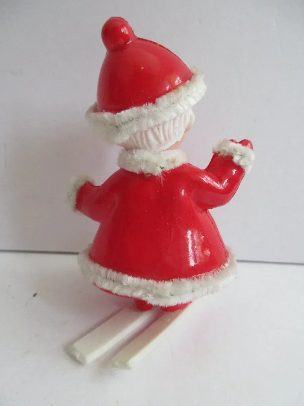 Santa Mrs Claus Skiing Blow Mold Plastic Chenille Piping Trim 4'' Japan Vintage